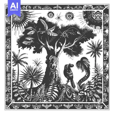 Black and White Illustration of a Tropical Jungle Scene with Symbolic