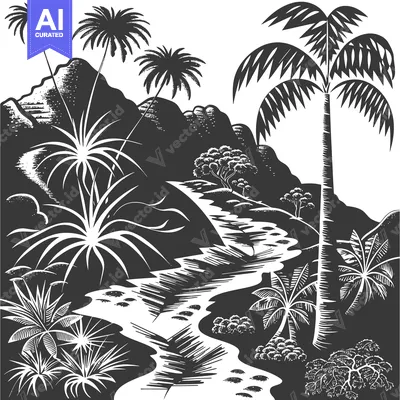 Aset desain premium: Black and White Illustration of a Tropical Landscape with Palm Trees a