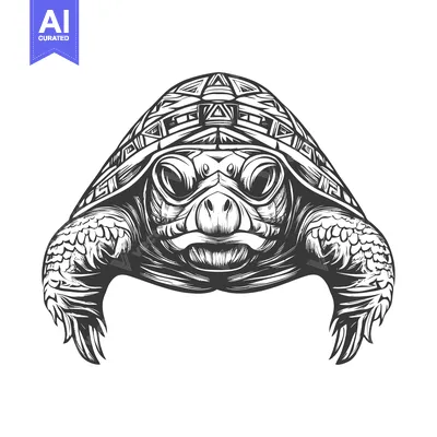 Aset desain premium: Black and White Illustration of a Turtle with a Patterned Shell