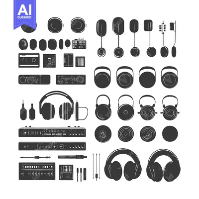 Aset premium populer: Black and White Illustration of Audio Equipment and Headphones