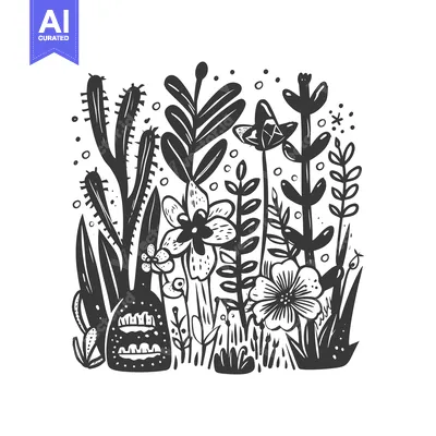 Aset premium populer: Black and White Illustration of a Variety of Plants and Flowers
