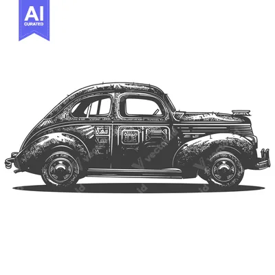 Aset desain premium: Black and White Illustration of a Vintage Car