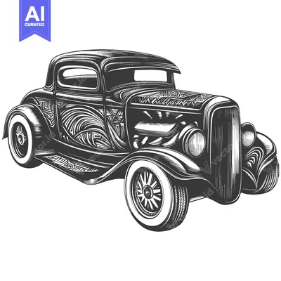 Aset premium populer: Black and White Illustration of a Vintage Hot Rod