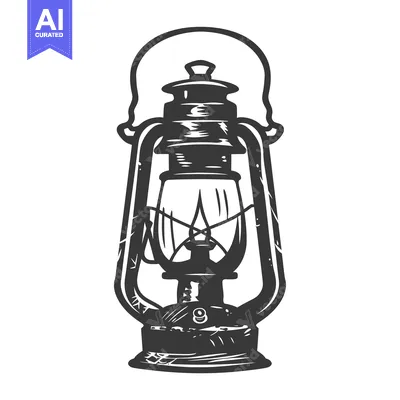 Premium design asset: Black and white illustration of a vintage kerosene lantern