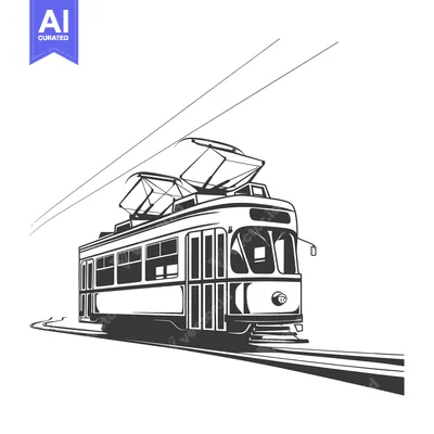 Aset desain premium: Black and White Illustration of a Vintage Tram Car