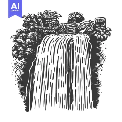 Popular premium asset: Black and White Illustration of a Waterfall with Stylized Jungle Veget