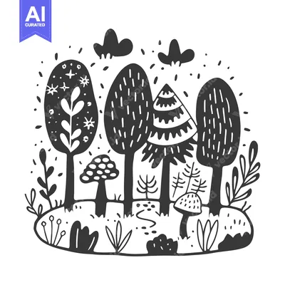 Black and White Illustration of a Whimsical Forest with Trees, Mushroo