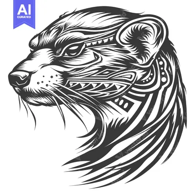 Aset desain premium: Black and White Illustration of a Wild Animal Head with Tribal Designs