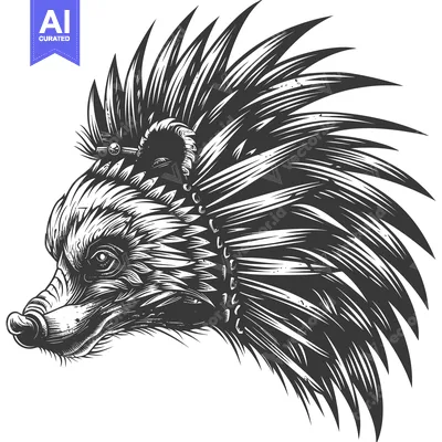 Premium design asset: Black and White Illustration of a Wild Pig Wearing a Headdress