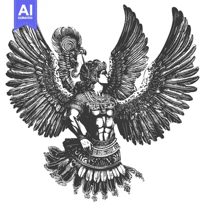 Premium design asset: Black and White Illustration of a Winged Warrior with Feathered Headpi