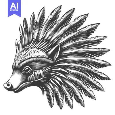 Aset desain premium: Black and White Illustration of a Wolf's Head with Feathers