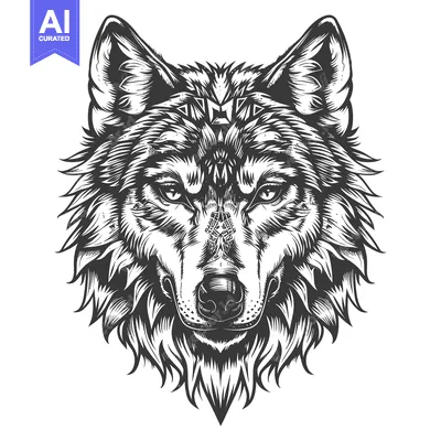 Premium design asset: Black and White Illustration of a Wolf's Head with Geometric Designs
