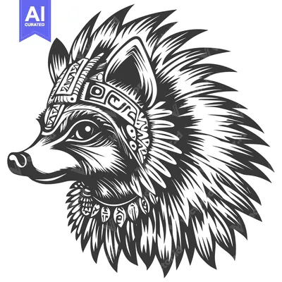 Aset premium populer: Black and White Illustration of a Wolf's Head with Tribal Design and F