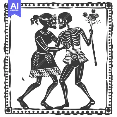 Aset desain premium: Black and White Illustration of a Woman and Skeleton in a Frame