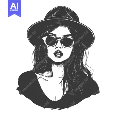 Aset premium populer: Black and White Illustration of a Woman in a Hat and Sunglasses