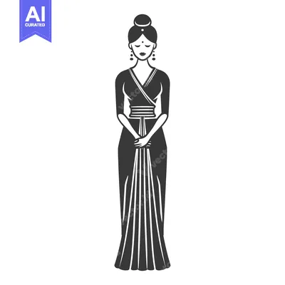 Aset desain premium: Black and white illustration of a woman in a traditional Indian sari
