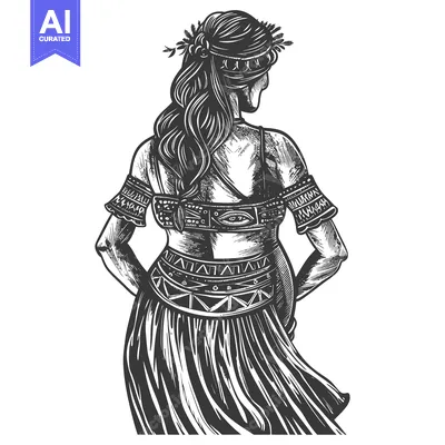 Aset desain premium: Black and White Illustration of a Woman in a Traditional Outfit