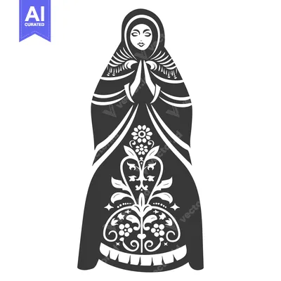 Premium design asset: Black and White Illustration of a Woman in a Traditional Russian Dress