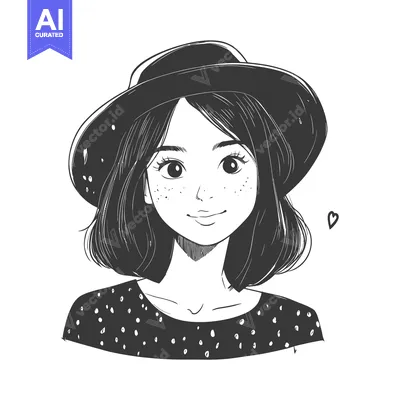 Popular premium asset: Black and White Illustration of a Woman Wearing a Hat and a Dotted Shi