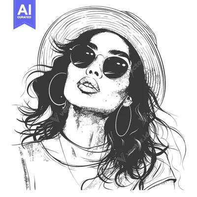 Aset desain premium: Black and White Illustration of a Woman Wearing a Hat and Sunglasses