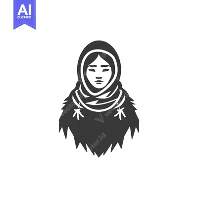 Aset desain premium: Black and White Illustration of a Woman Wearing a Hood and Fur Collar