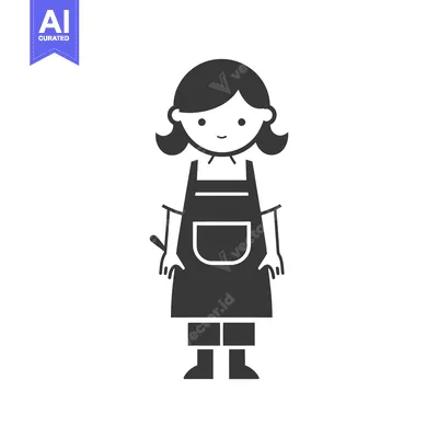 Aset desain premium: Black and White Illustration of a Woman Wearing an Apron