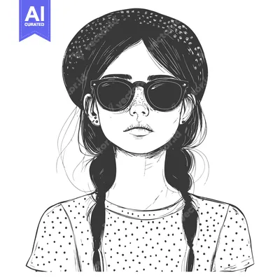Aset desain premium: Black and White Illustration of a Woman with Braids and Sunglasses