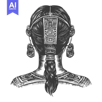 Aset desain premium: Black and White Illustration of a Woman with Intricate Hairstyle and J