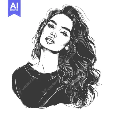 Aset desain premium: Black and white illustration of a woman with long wavy hair