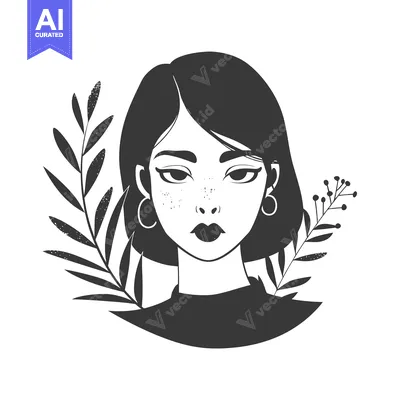 Premium design asset: Black and White Illustration of a Woman with Short Hair and Freckles