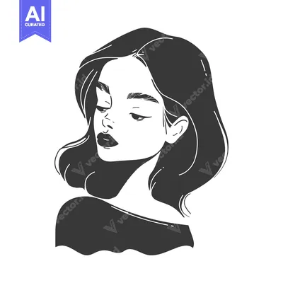 Premium design asset: Black and White Illustration of a Woman with Short Hair Looking Down