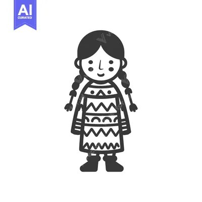Aset premium populer: Black and white illustration of a young girl wearing a patterned dress