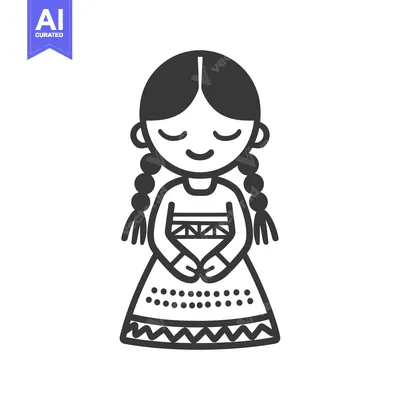 Aset premium populer: Black and White Illustration of a Young Girl Wearing a Traditional Dre