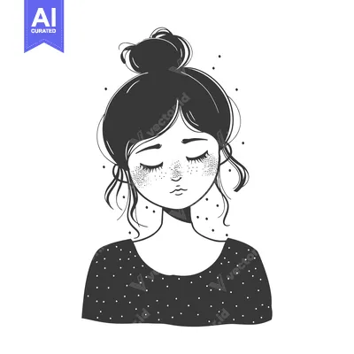 Aset premium populer: Black and White Illustration of a Young Woman with Freckles and Hair i