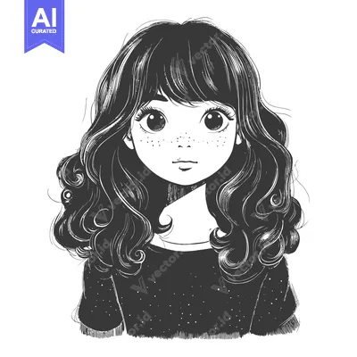 Aset premium populer: Black and White Illustration of a Young Woman with Wavy Hair