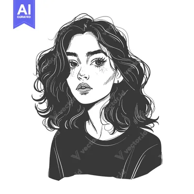 Popular premium asset: Black and White Illustration of a Young Woman with Wavy Hair