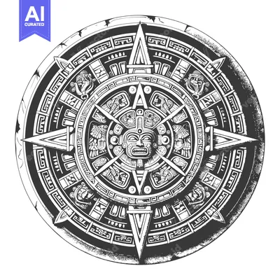 Aset premium populer: Black and White Illustration of Aztec Calendar Stone