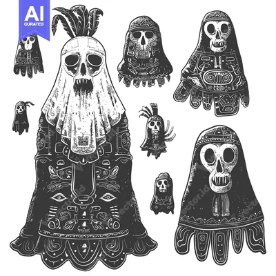 Premium design asset: Black and White Illustration of Aztec Skull Figures