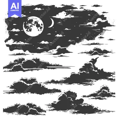 Aset desain premium: Black and White Illustration of Clouds and a Full Moon in the Night Sk