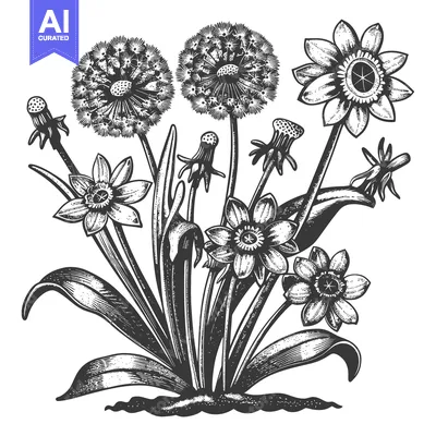 Popular premium asset: Black and White Illustration of Dandelion, Passionflower and Daffodil