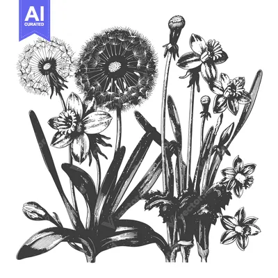Premium design asset: Black and White Illustration of Dandelions and Daffodils