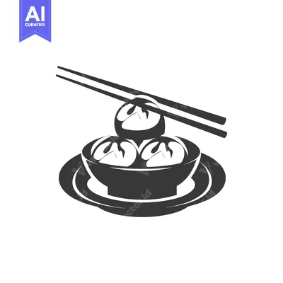 Premium design asset: Black and white illustration of dumplings in a bowl with chopsticks
