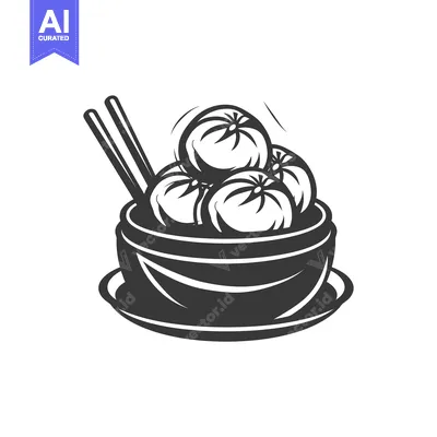 Premium design asset: Black and White Illustration of Dumplings in a Bowl with Chopsticks