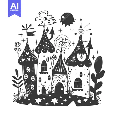 Aset premium populer: Black and White Illustration of Fantasy Houses in a Magical Forest