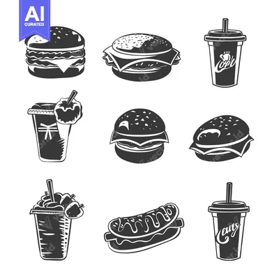 Black and White Illustration of Fast Food Items