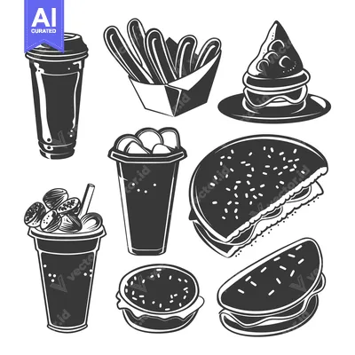 Aset desain premium: Black and White Illustration of Fast Food Items