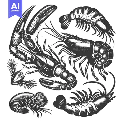 Aset premium populer: Black and White Illustration of Five Different Seafood Creatures
