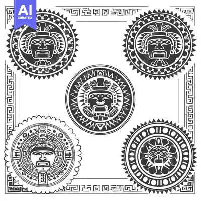 Aset premium populer: Black and White Illustration of Four Mayan-Inspired Circular Designs w