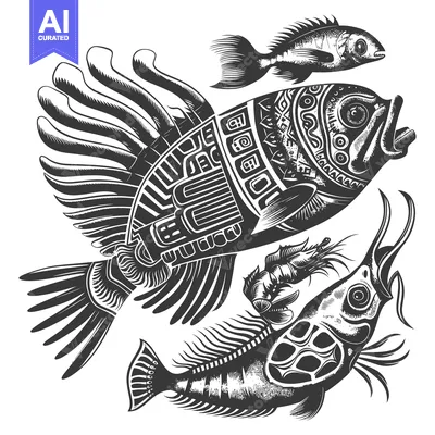 Premium design asset: Black and White Illustration of Four Stylized Fish