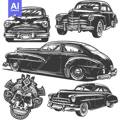 Popular premium asset: Black and White Illustration of Four Vintage Cars and a Skull Design